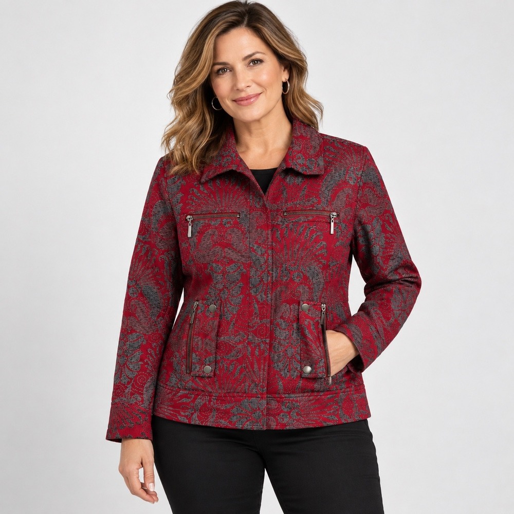 Chico's Jacquard Jacket Women 1 Red Grey Botanical Zip Pocket Hidden Button